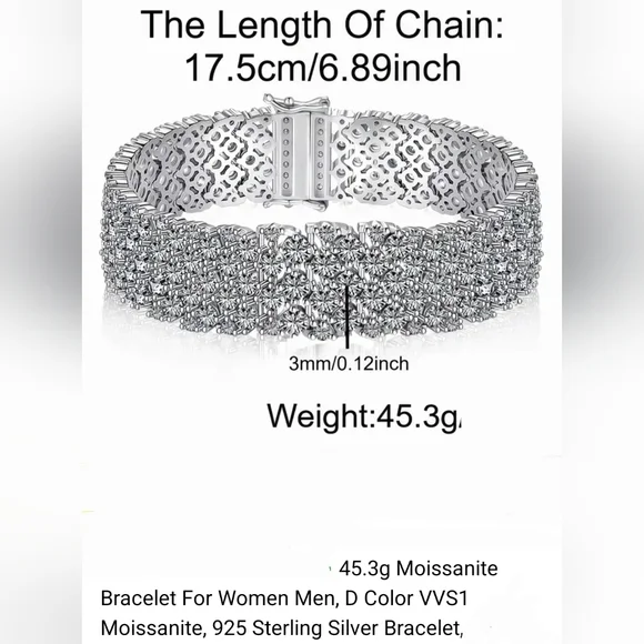 Dazzling 925 Sterling Silver Moissanite Wide Bracelet 6.79" New - Picture 6 of 13